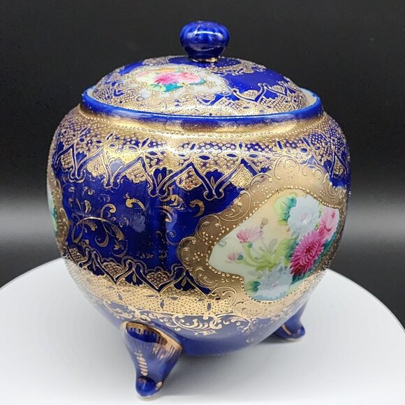 Antique Porcelain Biscuit Jar Hand-Painted Cobalt Blue & Gold Porcelain Lidded - Picture 3 of 13